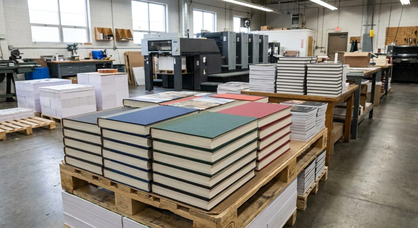 Book Printing — Hardcover books stacked on pallets beside the offset press at Raja Ganapathi Offset
