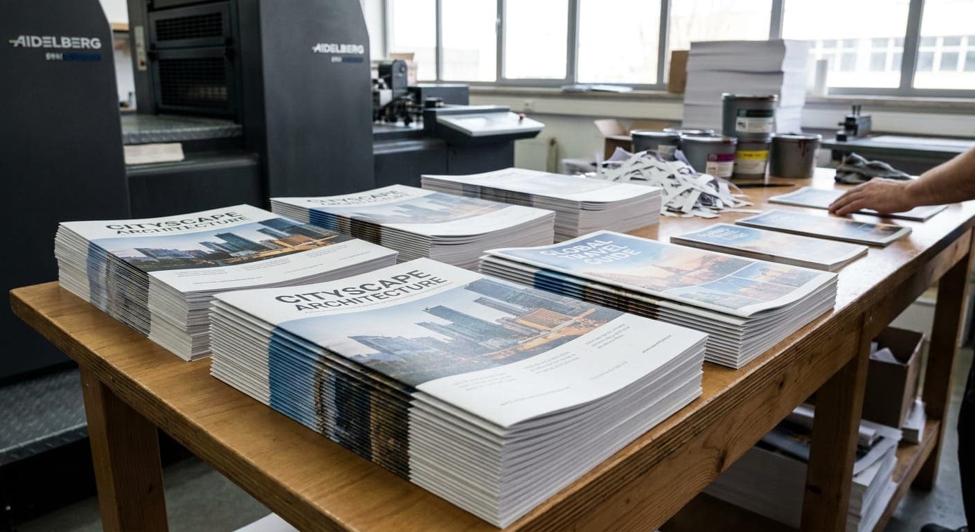 Brochures & Catalogs — Freshly printed catalogue stacks beside the offset press in Bhavani, Erode