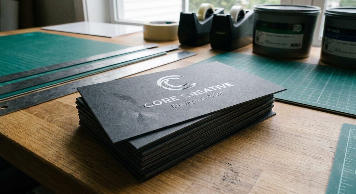 Core Creative — Brand Stationery · Foil-stamped cards printed by Raja Ganapathi Offset Bhavani
