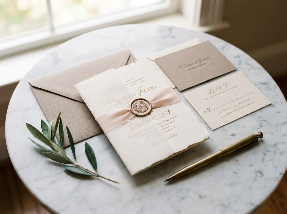 Letterpress wedding invitation suite with wax seal and RSVP cards